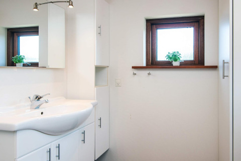Baño moderno en casa de vacaciones para 4 personas en Glesborg, Dinamarca, con plantas y ventanas.