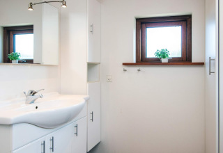 Modern bathroom at 4 person holiday home in Glesborg, Denmark featuring white decor, plants and windows.