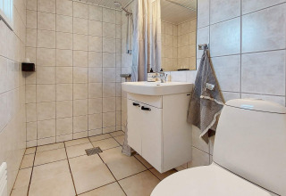 Moderne badkamer met douche, wastafel en toilet in een vakantiewoning voor 6 personen in Hemmet, Denemarken.