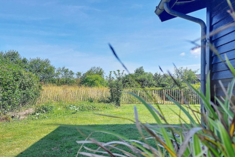 Uitzicht op een groene tuin met gras, struiken en een hek bij een vakantiehuis in Hemmet, Denemarken.