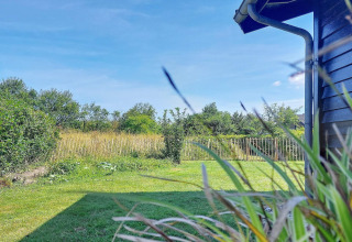 Vista di un giardino verde con prato, arbusti e recinto presso una casa vacanze a Hemmet, Danimarca.