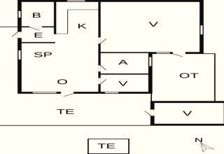 Plan d'une maison de vacances pour 6 personnes à Hemmet, Danemark, avec pièces étiquetées et terrasse.
