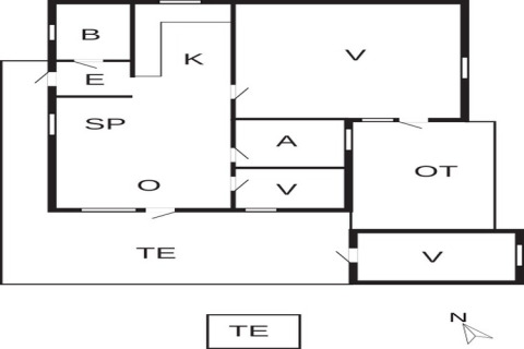 Grondplan van een 6-persoons vakantiehuis in Hemmet, Denemarken, met aangeduide kamers en terras.