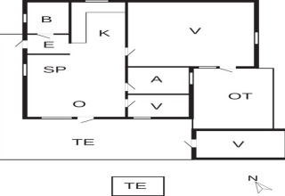 Grondplan van een 6-persoons vakantiehuis in Hemmet, Denemarken, met aangeduide kamers en terras.