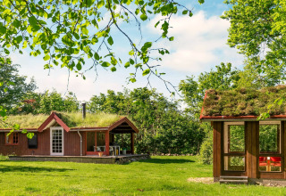 Maison de vacances écologique à Roslev, Danemark, avec toit végétalisé et jardin verdoyant en été.