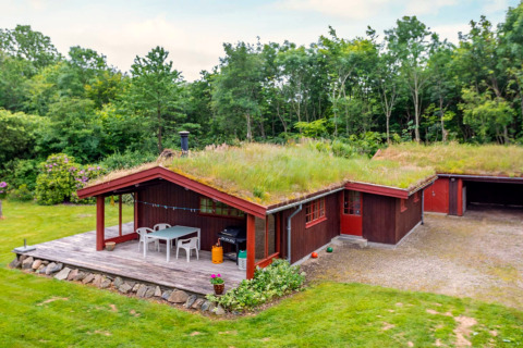 Photo d'une maison de vacances au toit végétalisé à Roslev, Danemark, entourée de nature verdoyante.