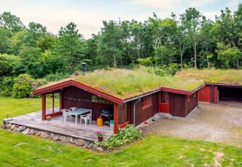 Billede af et feriehus med græstag og en træterrasse i Roslev, Danmark, omgivet af grønne træer.
