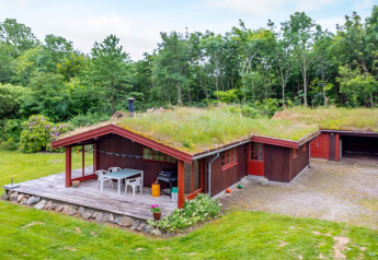 Foto van een vakantiehuis met grasdak en houten terras in Roslev, Denemarken, omgeven door natuur.