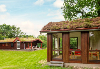 Vue sur un chalet avec toit végétalisé du lodge pour 6 personnes à Roslev, Danemark, entouré de verdure.