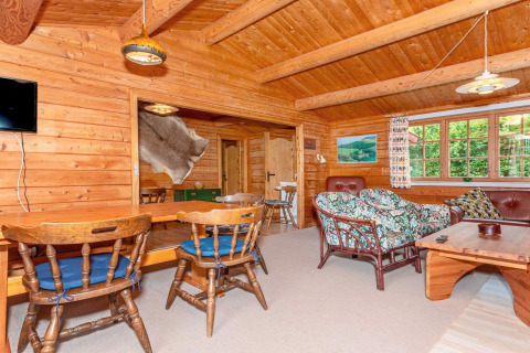 Soggiorno accogliente in legno in una casa vacanze a Roslev, Danimarca, con arredi rustici e ampie finestre.