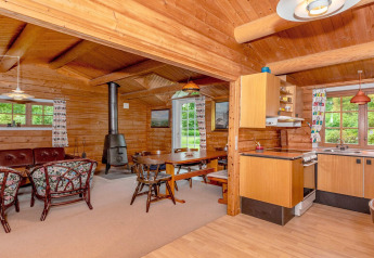 Acogedora sala y cocina de madera en la ‘casa de vacaciones para 6 personas en Roslev’, Dinamarca, con estufa.