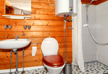 Badeværelse i træbeklædt feriebolig i Roslev, Danmark, med toilet, vask og brusebad.