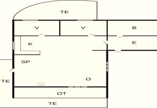 Plan d’une maison de vacances pour 6 personnes à Roslev, Danemark, avec pièces et terrasses marquées.