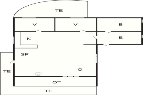 Plattegrond van een 6-persoons vakantiehuis in Roslev, Denemarken, met duidelijke kamers en terrassen.