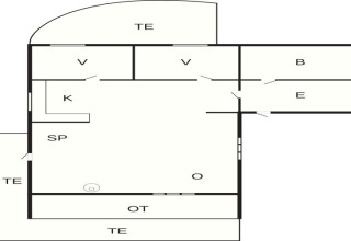 Grundriss eines 6-Personen-Ferienhauses in Roslev, Dänemark, mit markierten Zimmern und Terrassen.