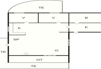 Grundriss eines 6-Personen-Ferienhauses in Roslev, Dänemark, mit markierten Zimmern und Terrassen.