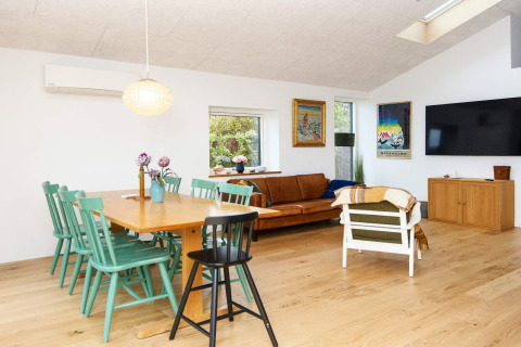 Heller Wohnraum im 5-Sterne-Ferienhaus in Sydals, Dänemark, mit Essbereich, Sofa und Fernseher.