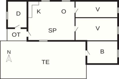Plantegning af HUS 55762 HYTTE A, med markeringer for værelser, køkken, badeværelse og terrasse.
