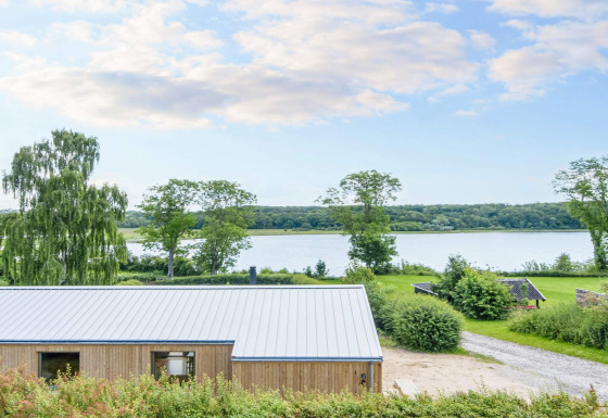 4-sterren vakantiehuis in Rønde met zicht op meer, bomen en natuur onder een heldere blauwe hemel.
