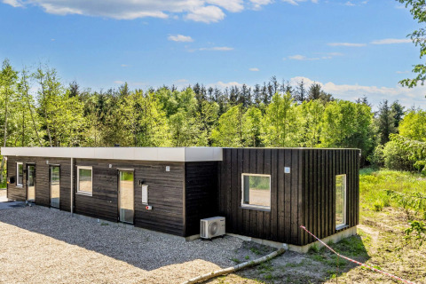 Moderna casa de vacaciones de 5 estrellas en Øster Assels, rodeada de bosque verde y cielo despejado.