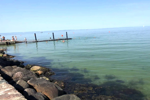Photo d'une jetée et de personnes nageant en mer près d'un gîte 6 personnes à Bogense, Danemark.