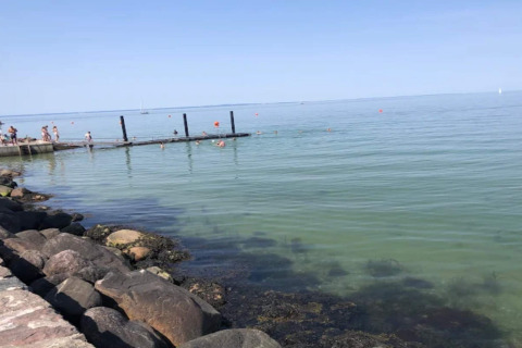 Foto de un muelle y personas nadando en el mar cerca de una casa vacacional para 6 en Bogense, Dinamarca.