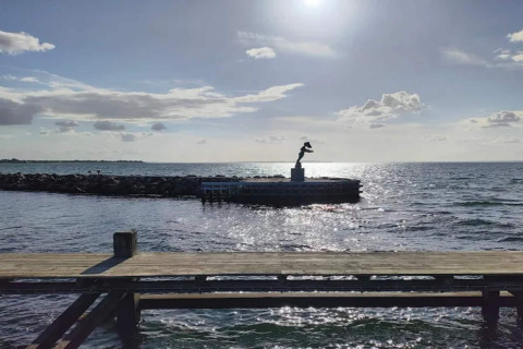 Zonnig zeezicht met pier en standbeeld bij een 6-persoons vakantiehuis in Bogense, Denemarken.