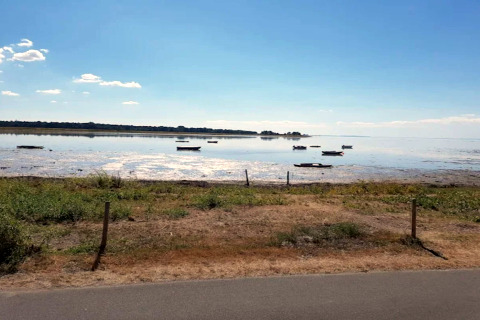 Vue sur une eau calme avec des petits bateaux près de la maison de vacances pour 6 personnes à Bogense, Danemark.