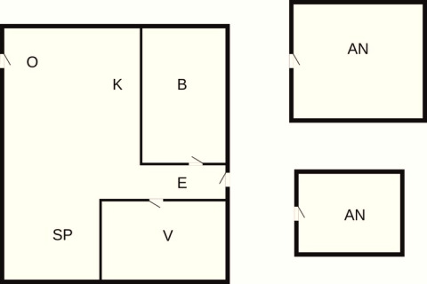 Plan d'une maison de vacances pour 6 personnes à Bogense, Danemark, avec pièces indiquées et deux annexes.