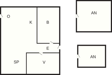 Plattegrond van een 6-persoons vakantiehuis in Bogense, Denemarken, met kamers en twee bijgebouwen.