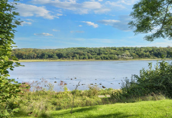 Vue sur un lac paisible et une forêt verte depuis une maison 4 étoiles à Rønde, Danemark, par beau temps.
