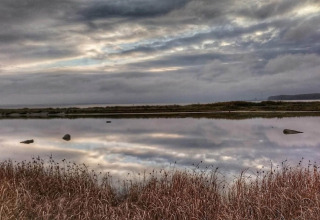Stilstaand water met wolkenspiegeling bij het 4-sterren vakantiehuis in Rønde, Denemarken.