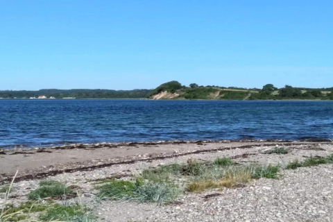 Blick auf Wasser und Strand vom 4-Sterne-Ferienhaus in Rønde, Dänemark, unter blauem Himmel.