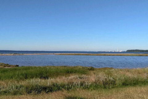 Vue d'une maison de vacances 4 étoiles à Rønde, Danemark, sur herbe, eau et industrie au loin sur l’horizon.