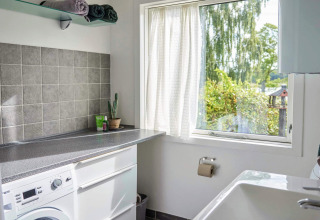 Bright laundry room with washing machine, countertop, towels, cactus, and large window to the garden.