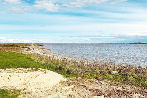 Rustig uitzicht op het meer met gras, zand en blauwe lucht bij 5-sterren vakantiehuis in Øster Assels, Denemarken.