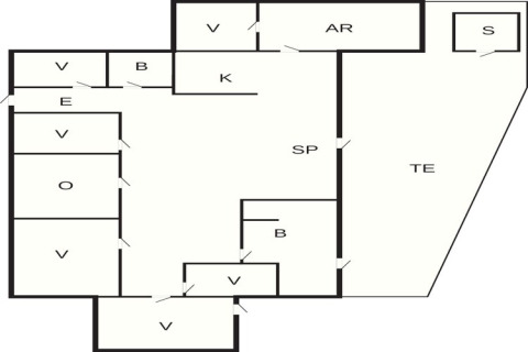 Plano de una casa de vacaciones de 5 estrellas en Øster Assels, Dinamarca, con habitaciones y áreas señaladas.
