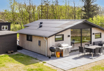 Udendørs terrasse ved 4-stjernet feriehus i Løgstør, Danmark, med grill og spisebord i naturskønne omgivelser.