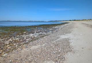 Steiniger und sandiger Strand nahe „4-Sterne-Ferienhaus in Løgstør“, Dänemark, bei klarem Himmel.