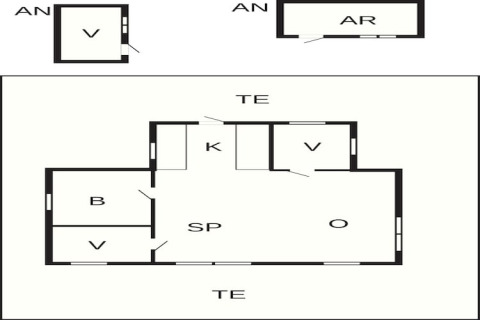 Plan d'une maison de vacances 4 étoiles à Løgstør, Danemark, montrant pièces, cuisine et annexes.