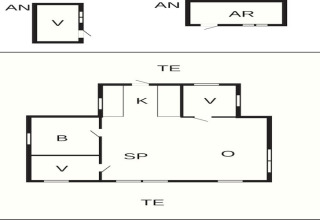 Plantegning af 4-stjernet feriehus i Løgstør, Danmark, med værelser, køkken, opholdsstue og annekser.