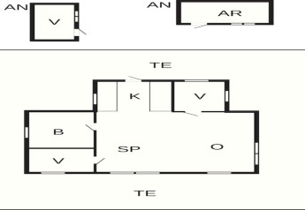 Plattegrond van een 4-sterren vakantiehuis in Løgstør, Denemarken, met kamers, keuken en bijgebouwen.