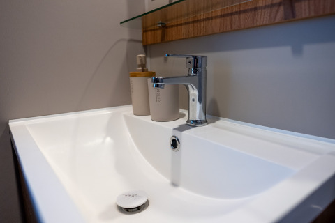 Moderne lavabo met chromen kraan en zeeppompje in Holiday home (PL. 94) bij Camping Papillon