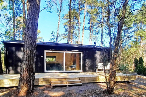 Moderne zwarte blokhut in het bos met terras, 4-sterren vakantiewoning in Höllviken, zonlicht.