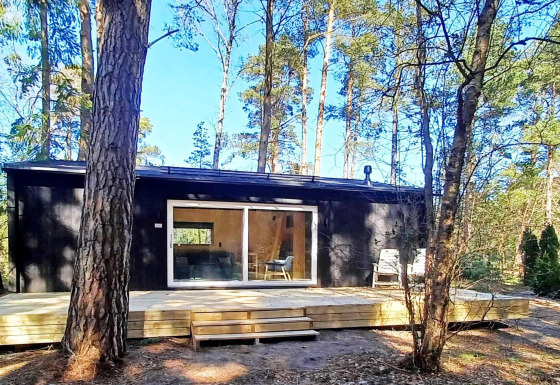 Sort træhytte med stor terrasse i skoven, 4-stjernet feriehus i Höllviken, solskin og natur.