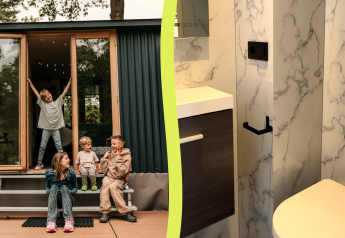 Kids sitting at the entrance of a modern cabin with large glass doors, next to an image of a cozy bathroom.