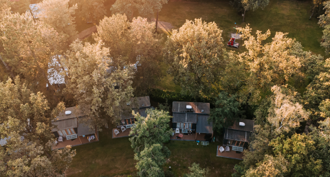 Luchtfoto van gezellige chalets tussen bomen in een rustige, groene streek bij avondzonlicht.