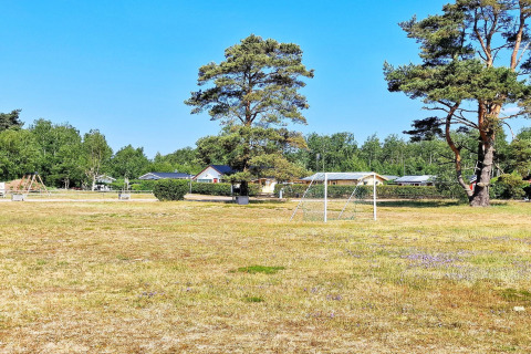 Groene speeltuin met schommels en doel bij een vakantiewoning in Skummeslövsstrand, Zweden, onder blauwe lucht.