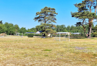 Green playground with swings and goal near a holiday lodge in Skummeslövsstrand, Sweden, under blue sky.