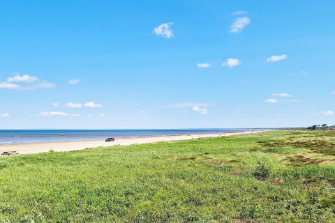 Vista dalla casa vacanze a Skummeslövsstrand, Svezia, con spiaggia sabbiosa, mare e prato verde.